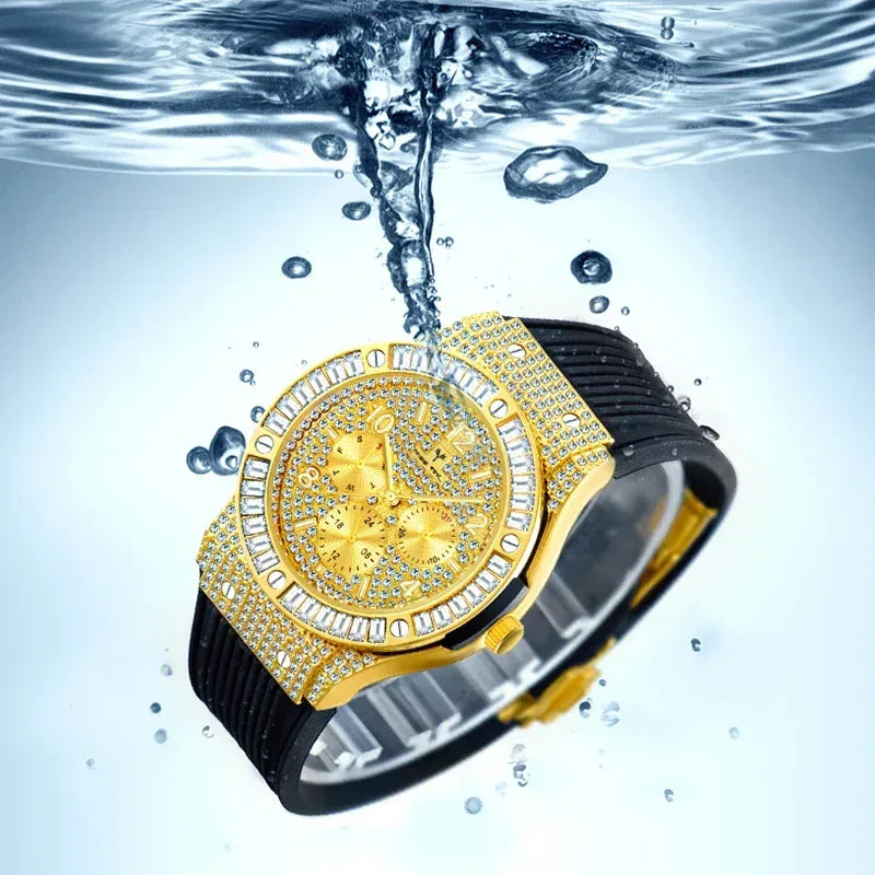 Luxury Rose Gold Men's Iced Out Watch | Quartz Wristwatch with Rubber Strap | Waterproof Silicone Reloj Gift | Caratix - CaratixJewelry