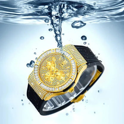Luxury Rose Gold Men's Iced Out Watch | Quartz Wristwatch with Rubber Strap | Waterproof Silicone Reloj Gift | Caratix - CaratixJewelry