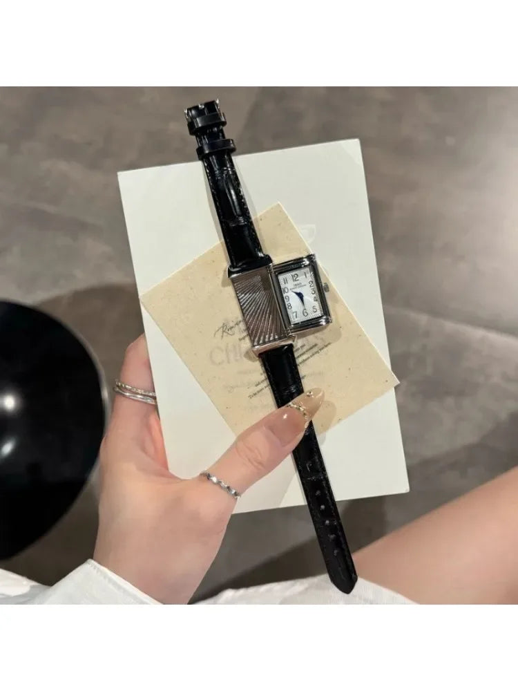 Luxury Reversible Case Women's Square Watch | 21*36mm Silver Niche Design Iced Out Watch | Retro Leather Strap Quartz Timepiece | Caratix - CaratixJewelry
