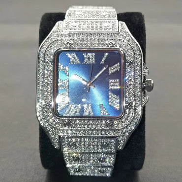 Luxury Blue Dial Roman Numbers Men's Watch | Iced Out Watch Stainless Steel | Luminous Waterproof Analogue Wristwatch | Reloj Hombre | Caratix - CaratixJewelry
