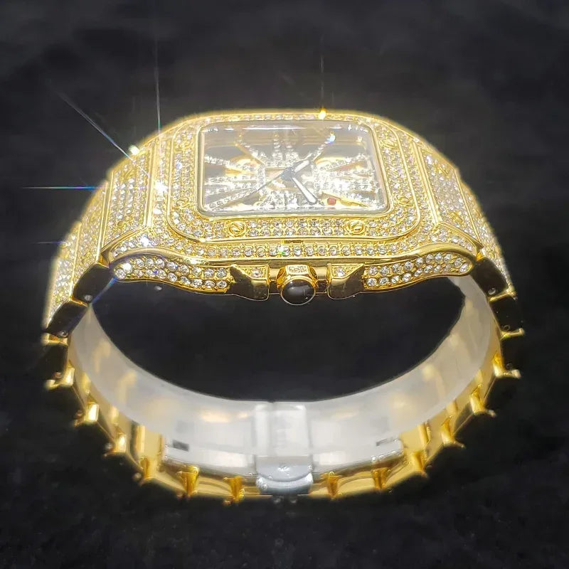 Luxury Men's Square Skeleton Watch | Iced Out Watch Stainless Steel Bracelet | Business Casual Quartz Wristwatch | Man Fashion Clock | Caratix - CaratixJewelry