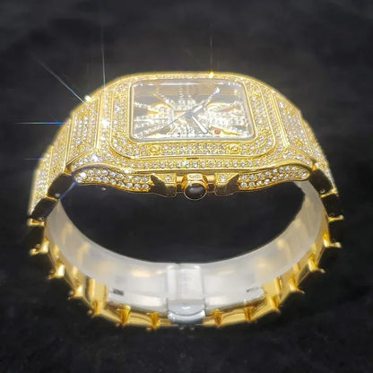 Luxury Men's Square Skeleton Watch | Iced Out Watch Stainless Steel Bracelet | Business Casual Quartz Wristwatch | Man Fashion Clock | Caratix - CaratixJewelry