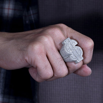 Anillos de hip hop de plata esterlina maciza con símbolo de dólar y diamantes VVS genuinos