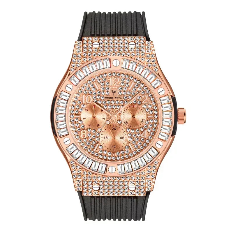 Luxury Rose Gold Men's Iced Out Watch | Quartz Wristwatch with Rubber Strap | Waterproof Silicone Reloj Gift | Caratix - CaratixJewelry