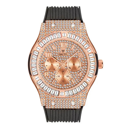Luxury Rose Gold Men's Iced Out Watch | Quartz Wristwatch with Rubber Strap | Waterproof Silicone Reloj Gift | Caratix - CaratixJewelry