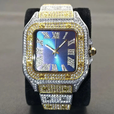 Luxury Blue Dial Roman Numbers Men's Watch | Iced Out Watch Stainless Steel | Luminous Waterproof Analogue Wristwatch | Reloj Hombre | Caratix - CaratixJewelry