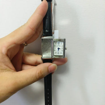 Luxury Reversible Case Women's Square Watch | 21*36mm Silver Niche Design Iced Out Watch | Retro Leather Strap Quartz Timepiece | Caratix - CaratixJewelry