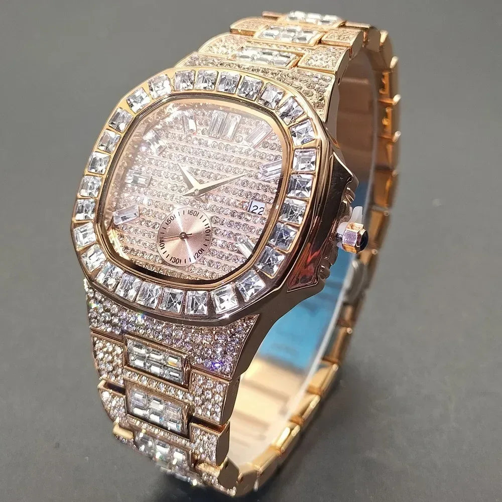 Luxury Big Men's Watch | Rose Gold Iced Out Watch | Crystal Rhinestone Analog Japan Quartz Wristwatch | Fashion Male Clock | Caratix - CaratixJewelry