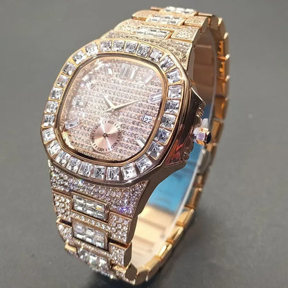 Luxury Big Men's Watch | Rose Gold Iced Out Watch | Crystal Rhinestone Analog Japan Quartz Wristwatch | Fashion Male Clock | Caratix - CaratixJewelry
