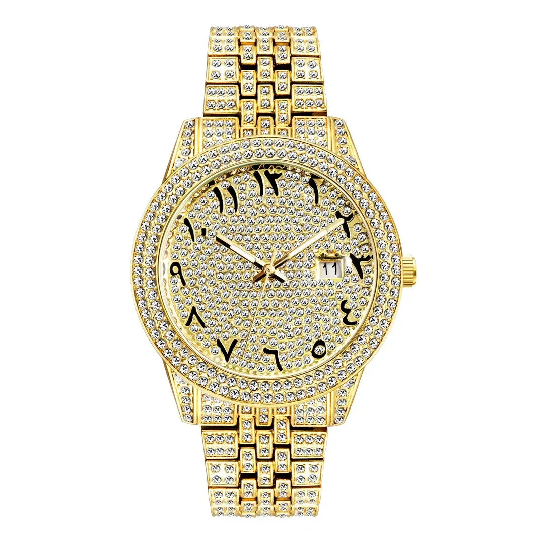 Luxury 18K Gold Men's Iced Out Watch | Full Stainless Steel Wristwatch | Luminous Waterproof Calendar Clock | Caratix - CaratixJewelry