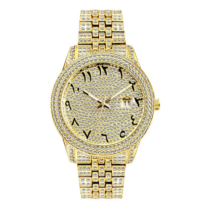 Luxury 18K Gold Men's Iced Out Watch | Full Stainless Steel Wristwatch | Luminous Waterproof Calendar Clock | Caratix - CaratixJewelry