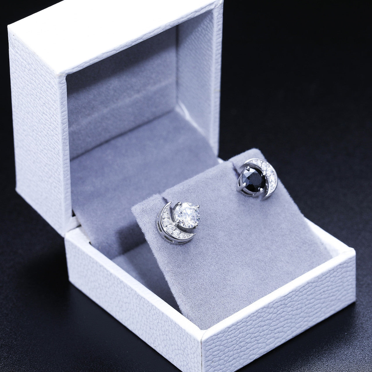 Genuine VVS Diamond Solid Sterling Silver Crescent Moon Stud Earrings – Black & White Iced Bling Jewelry