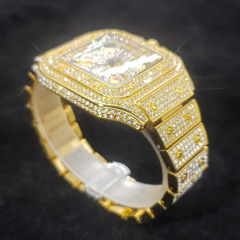 Luxury Men's Square Skeleton Watch | Iced Out Watch Stainless Steel Bracelet | Business Casual Quartz Wristwatch | Man Fashion Clock | Caratix - CaratixJewelry