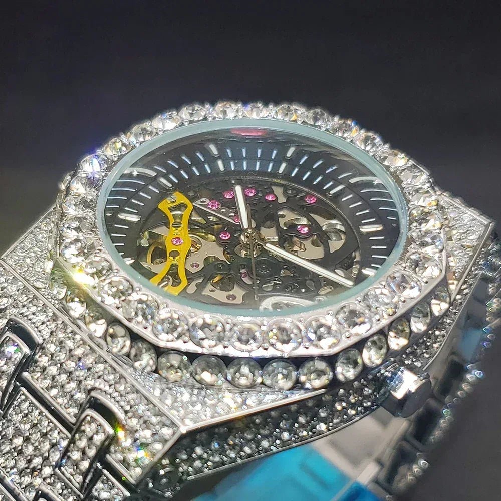 Luxury Men's Automatic Mechanical Iced Out Watch | Hollow Skeleton Dial Full | Luminous Hip Hop Watch | Caratix - CaratixJewelry