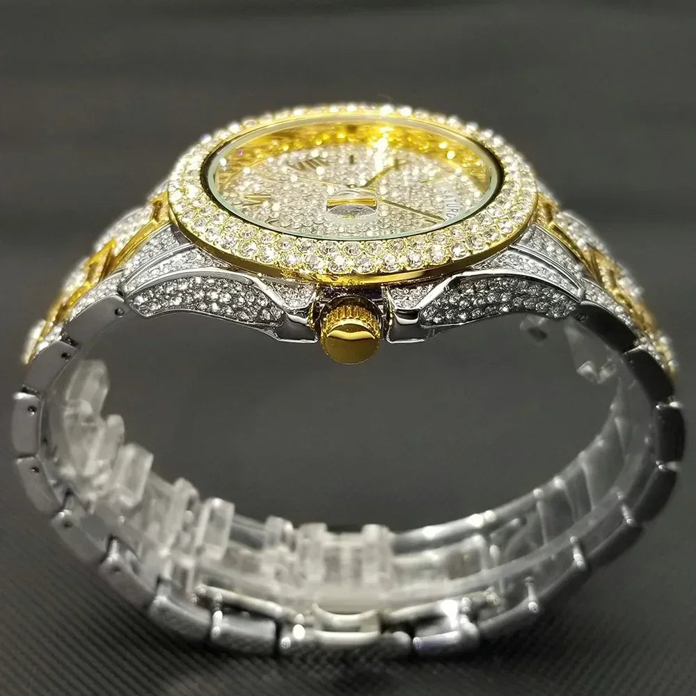 Luxury Day Date Iced Out Watch for Men | Hip Hop Rap Singer Wristwatch | West Coast Street Style Bling Jewelry Clock | Quartz Watch | Caratix - CaratixJewelry