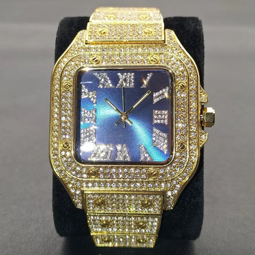 Luxury Blue Dial Roman Numbers Men's Watch | Iced Out Watch Stainless Steel | Luminous Waterproof Analogue Wristwatch | Reloj Hombre | Caratix - CaratixJewelry