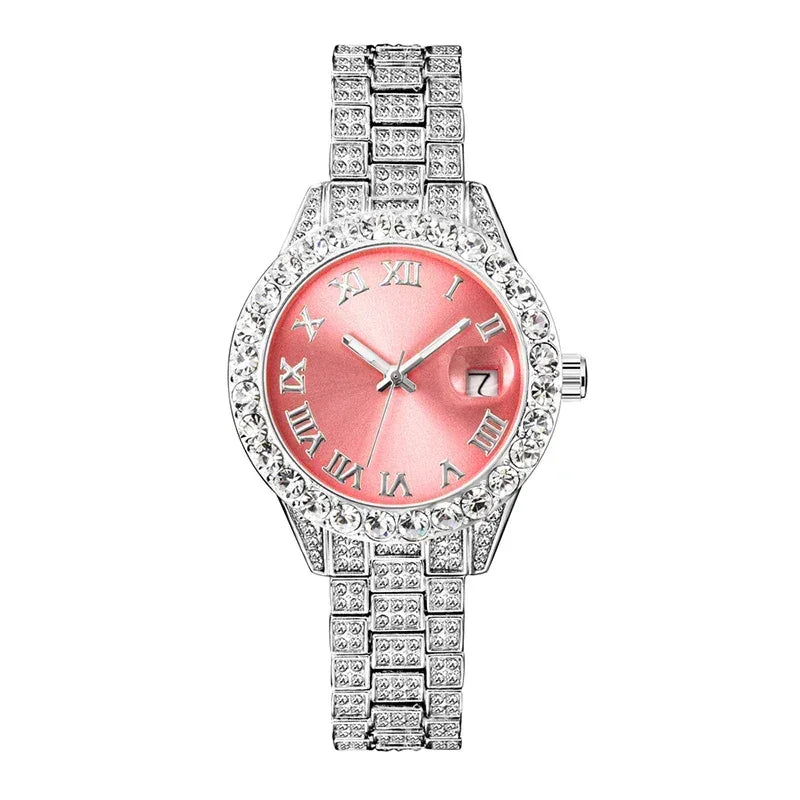 Small Pink Watch for Women | Elegant Iced Out Mini Dial Dress Watch | Luxury Calendar Ladies Wristwatch | Geschenk Frauen | Caratix - CaratixJewelry