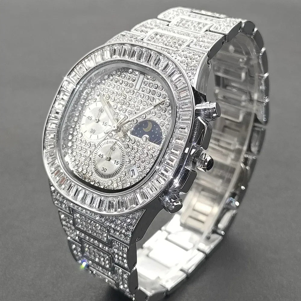 New Men's Bling Iced Out Watch | Luxury Quartz Wristwatch | Waterproof Luminous Calendar Mens Clock | Caratix - CaratixJewelry