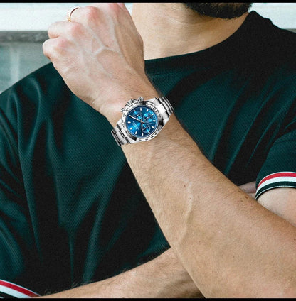 Luxury Three-Eye Men's Watch | Blue Dial Full Stainless Steel Iced Out Watch | Multifunctional Waterproof Quartz Clock | Caratix - CaratixJewelry
