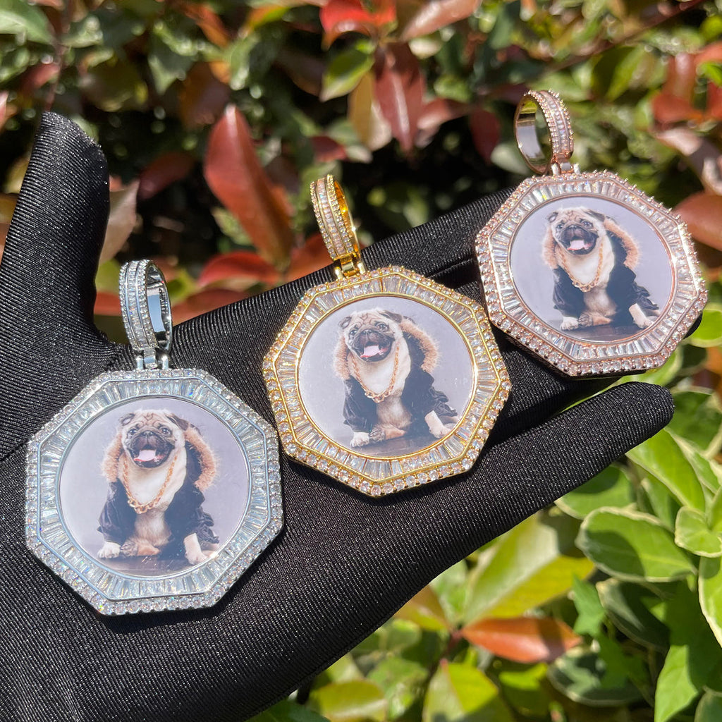 Stones and Baguette Octagon Custom Photo Picture Pendant Necklace 