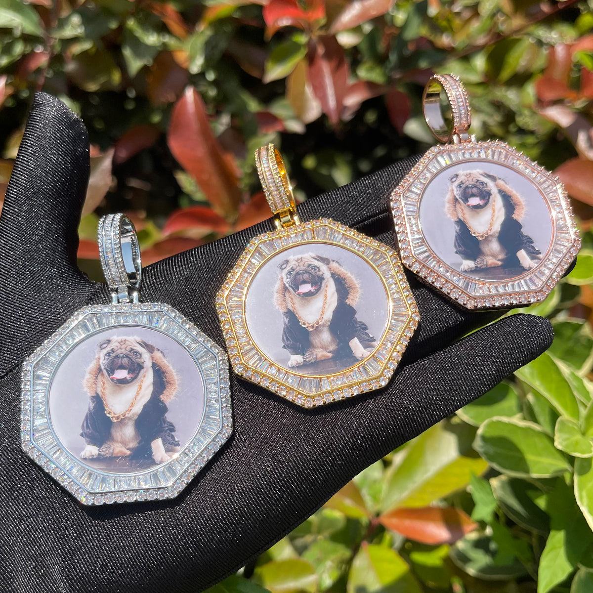 Stones and Baguette Octagon Custom Photo Picture Pendant Necklace 