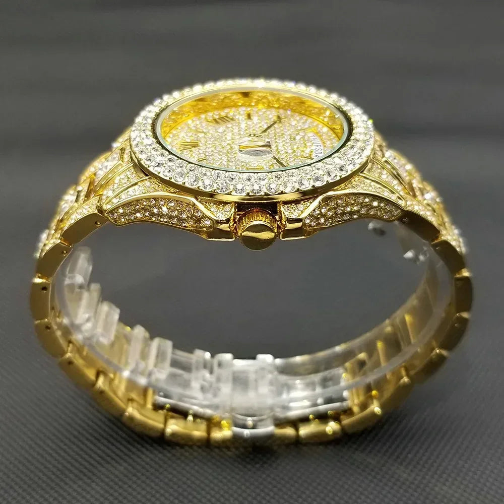 Luxury Day Date Iced Out Watch for Men | Hip Hop Rap Singer Wristwatch | West Coast Street Style Bling Jewelry Clock | Quartz Watch | Caratix - CaratixJewelry