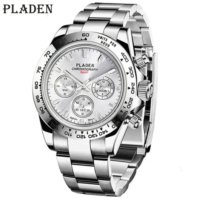 Luxury Three-Eye Men's Watch | Blue Dial Full Stainless Steel Iced Out Watch | Multifunctional Waterproof Quartz Clock | Caratix - CaratixJewelry