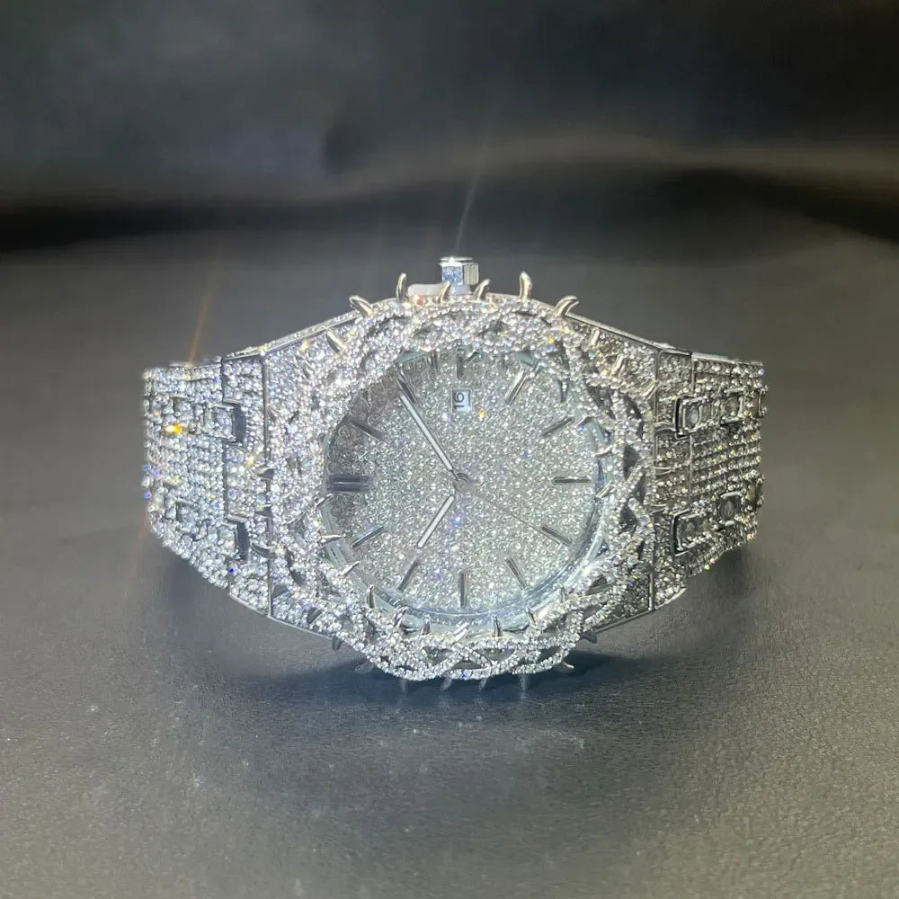 Cool Black Iced Out Watch for Men | Luxury Thorn Crown Quartz Watch | Hip Hop Wristwatch | Man Dropshipping | Caratix - CaratixJewelry