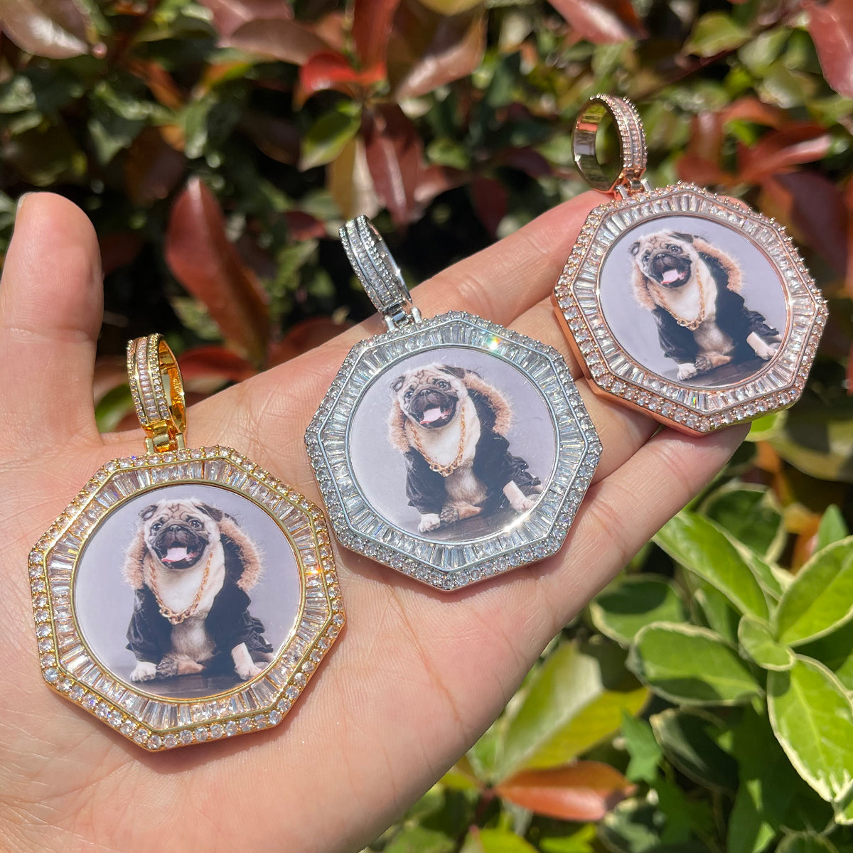 Stones and Baguette Octagon Custom Photo Picture Pendant Necklace 