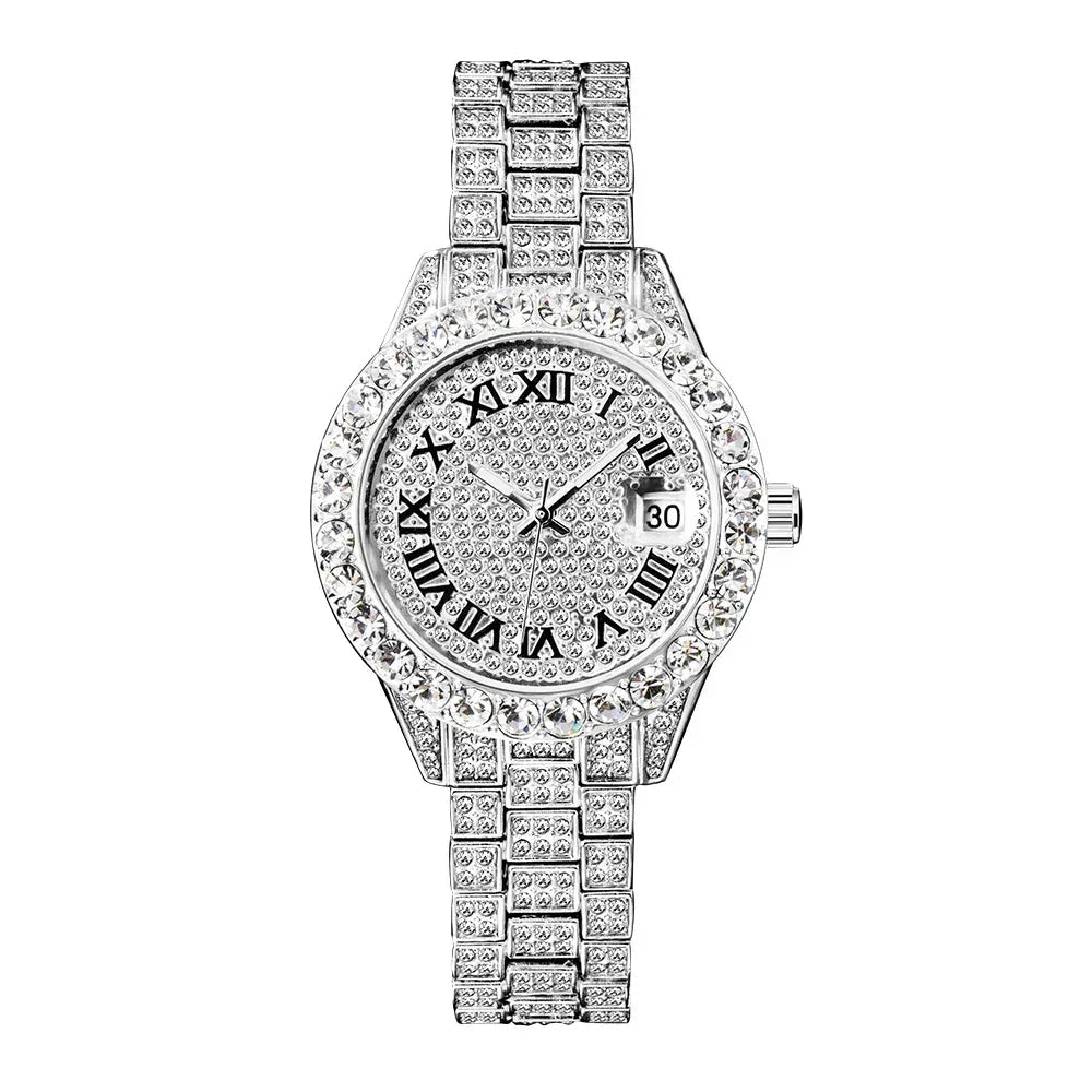 Small Pink Watch for Women | Elegant Iced Out Mini Dial Dress Watch | Luxury Calendar Ladies Wristwatch | Geschenk Frauen | Caratix - CaratixJewelry