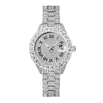 Small Pink Watch for Women | Elegant Iced Out Mini Dial Dress Watch | Luxury Calendar Ladies Wristwatch | Geschenk Frauen | Caratix - CaratixJewelry