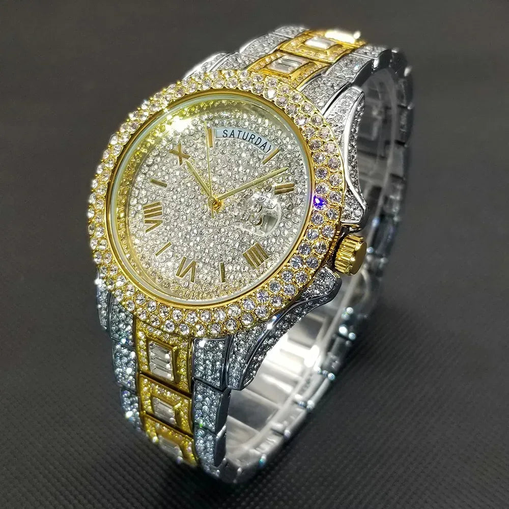 Luxury Day Date Iced Out Watch for Men | Hip Hop Rap Singer Wristwatch | West Coast Street Style Bling Jewelry Clock | Quartz Watch | Caratix - CaratixJewelry