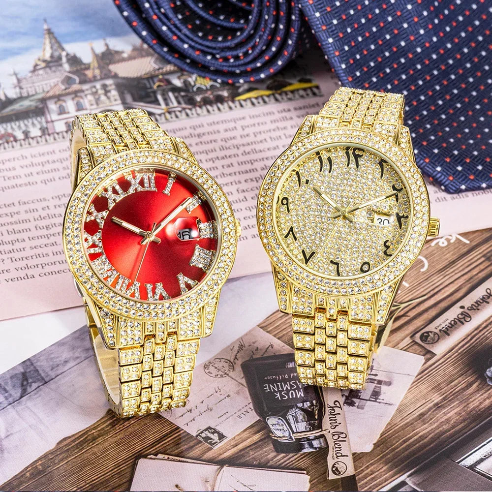 Luxury 18K Gold Men's Iced Out Watch | Full Stainless Steel Wristwatch | Luminous Waterproof Calendar Clock | Caratix - CaratixJewelry