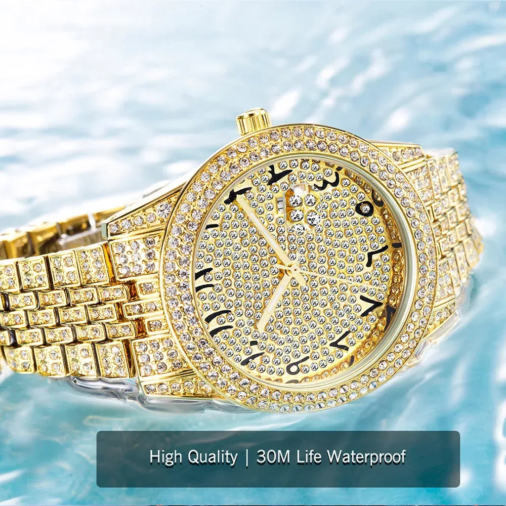 Luxury 18K Gold Men's Iced Out Watch | Full Stainless Steel Wristwatch | Luminous Waterproof Calendar Clock | Caratix - CaratixJewelry