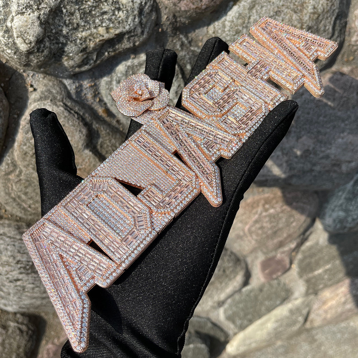 Rising Rose Edition Iced Out Personalized Custom Name Necklace Pendant with Rose Flower Bail - Luxury Jewelry