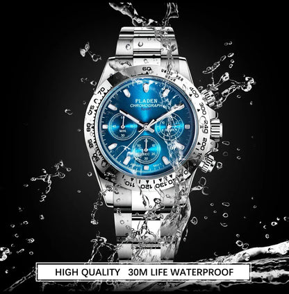 Luxury Three-Eye Men's Watch | Blue Dial Full Stainless Steel Iced Out Watch | Multifunctional Waterproof Quartz Clock | Caratix - CaratixJewelry