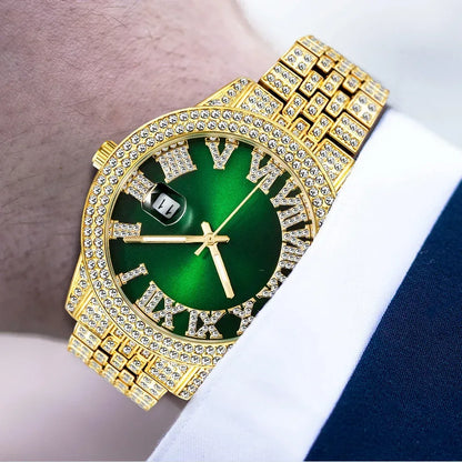 Luxury 18K Gold Men's Iced Out Watch | Full Stainless Steel Wristwatch | Luminous Waterproof Calendar Clock | Caratix - CaratixJewelry