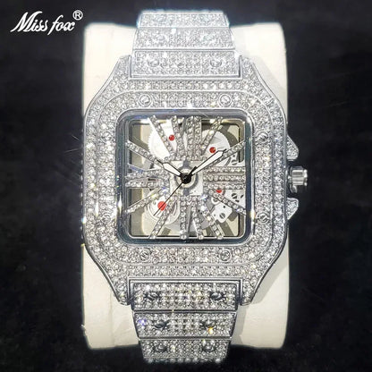 Luxury Men's Square Skeleton Watch | Iced Out Watch Stainless Steel Bracelet | Business Casual Quartz Wristwatch | Man Fashion Clock | Caratix - CaratixJewelry