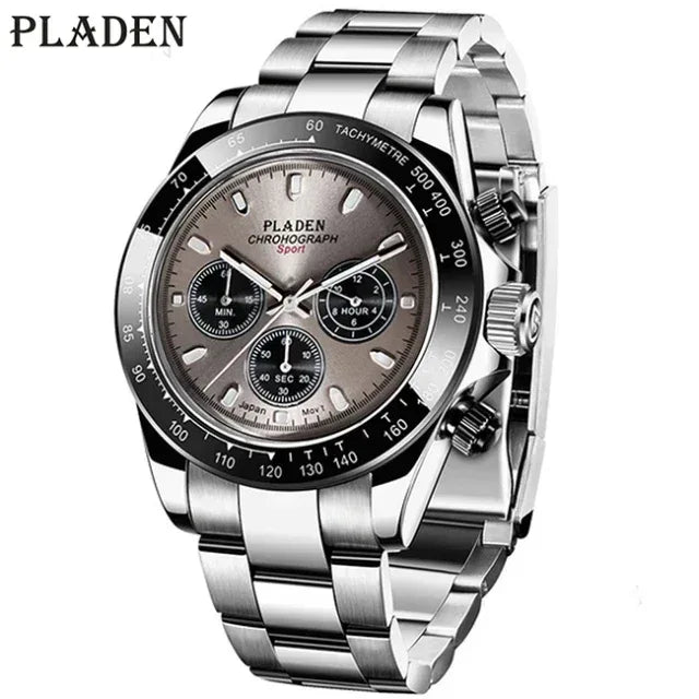 Luxury Three-Eye Men's Watch | Blue Dial Full Stainless Steel Iced Out Watch | Multifunctional Waterproof Quartz Clock | Caratix - CaratixJewelry
