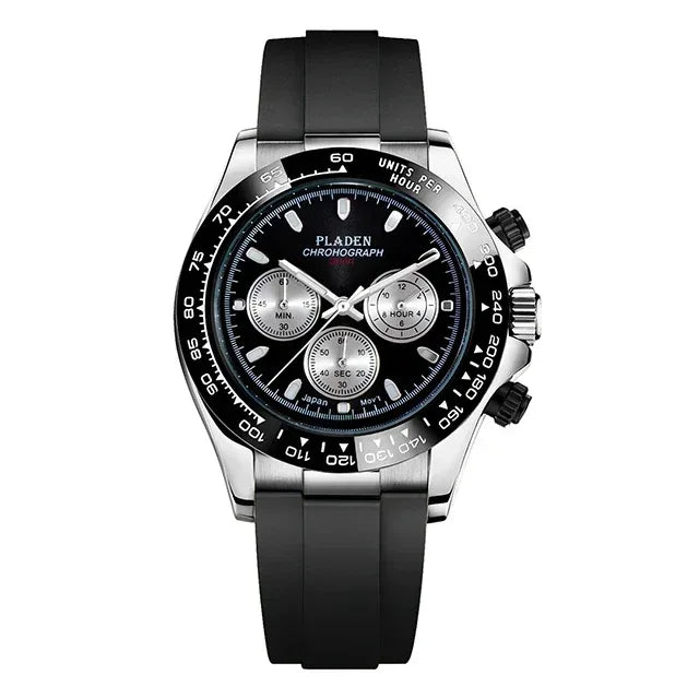 Luxury Three-Eye Men's Watch | Blue Dial Full Stainless Steel Iced Out Watch | Multifunctional Waterproof Quartz Clock | Caratix - CaratixJewelry