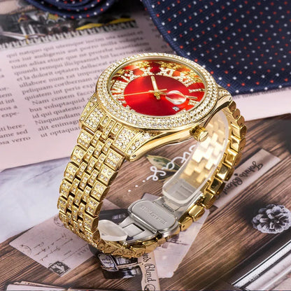 Luxury 18K Gold Men's Iced Out Watch | Full Stainless Steel Wristwatch | Luminous Waterproof Calendar Clock | Caratix - CaratixJewelry