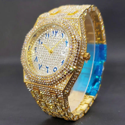 Luxury Octagonal Gold Watch for Men | Blue Numerals Full Iced Out Watch | Waterproof Calendar Hip Hop Wristwatch | Caratix - CaratixJewelry