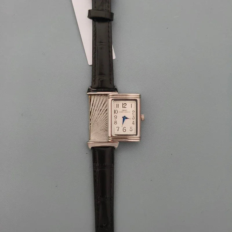 Luxury Reversible Case Women's Square Watch | 21*36mm Silver Niche Design Iced Out Watch | Retro Leather Strap Quartz Timepiece | Caratix - CaratixJewelry