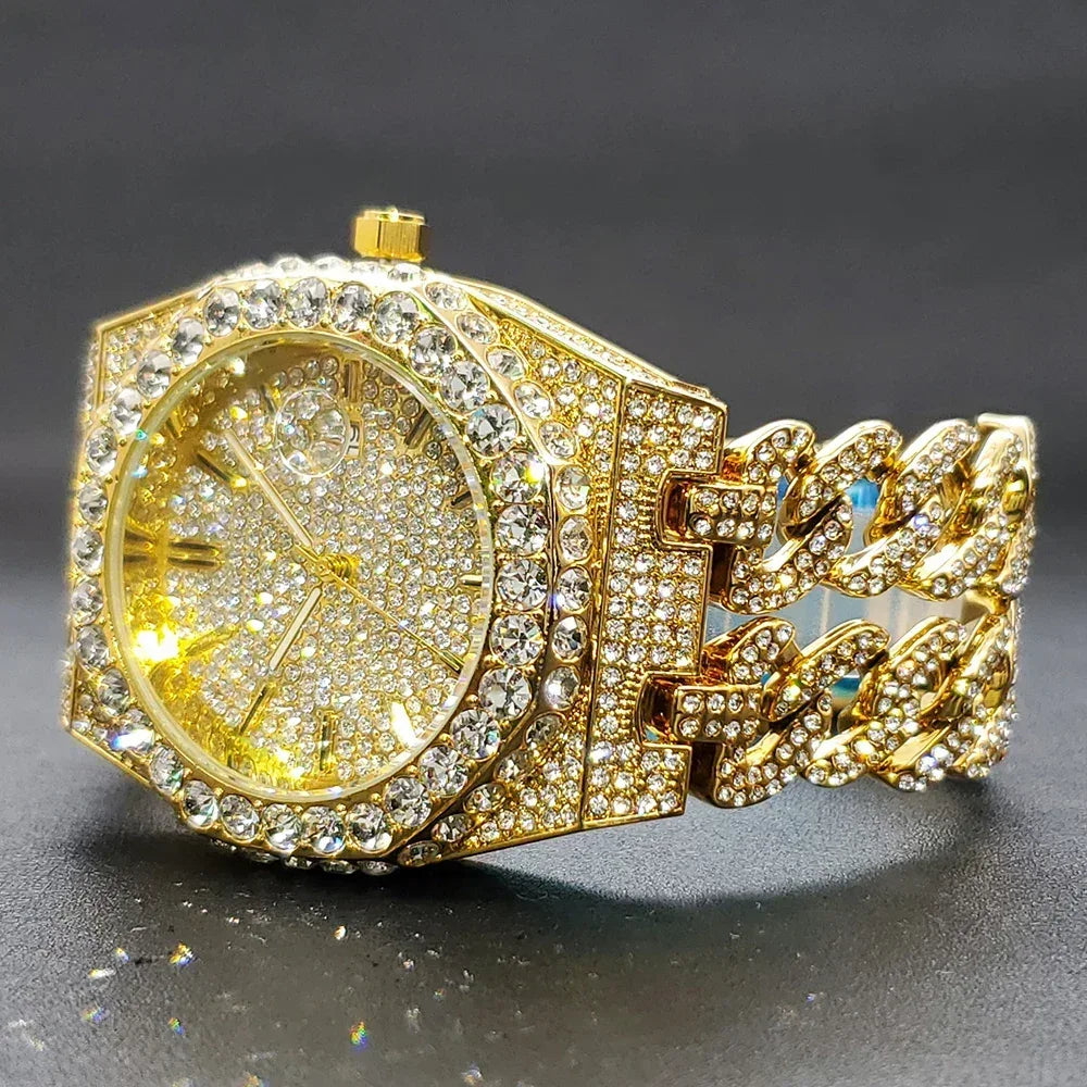 Luxury Iced Out Watch for Men | Cuban Link Bracelet Design Watch | Fashionable Quartz Wristwatch | Uhren für Herren | Caratix - CaratixJewelry