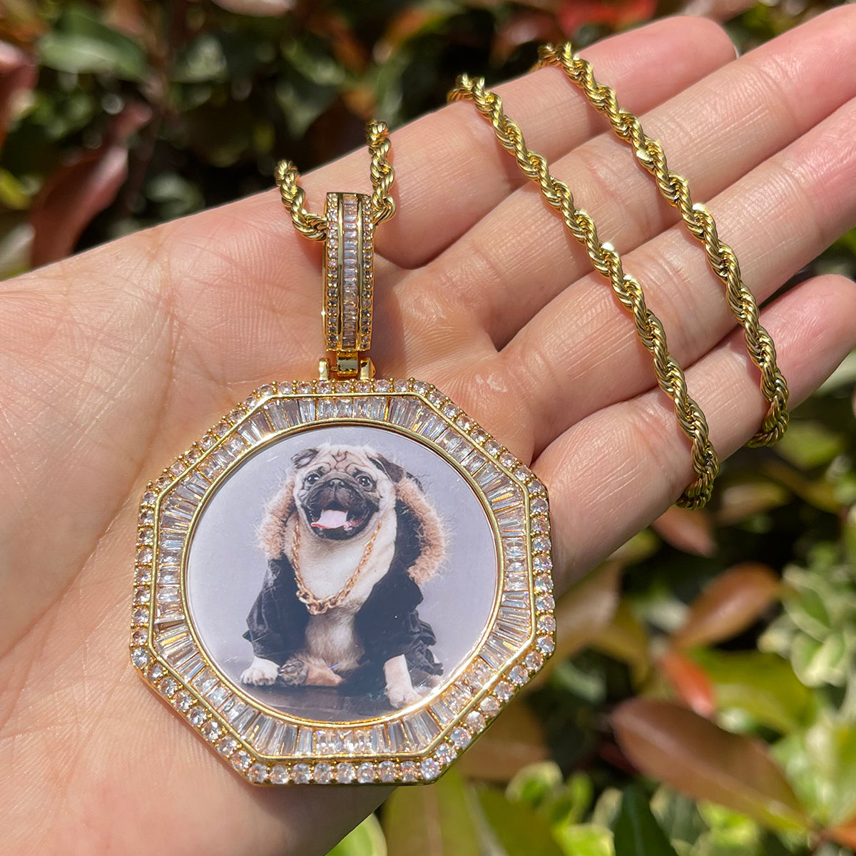 Stones and Baguette Octagon Custom Photo Picture Pendant Necklace 