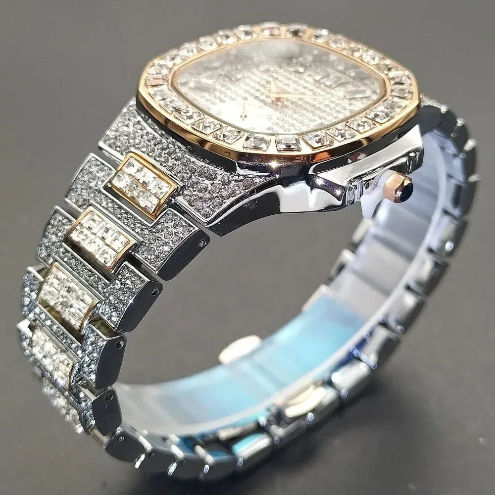 Luxury Big Men's Watch | Rose Gold Iced Out Watch | Crystal Rhinestone Analog Japan Quartz Wristwatch | Fashion Male Clock | Caratix - CaratixJewelry