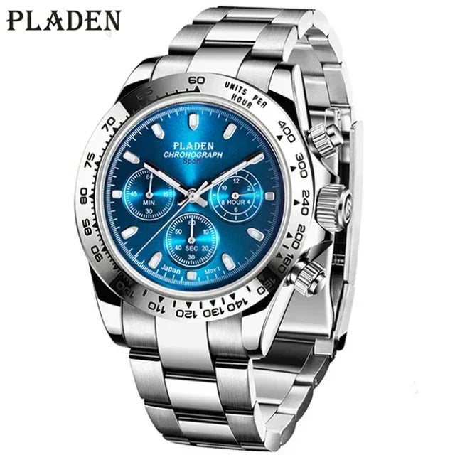 Luxury Three-Eye Men's Watch | Blue Dial Full Stainless Steel Iced Out Watch | Multifunctional Waterproof Quartz Clock | Caratix - CaratixJewelry