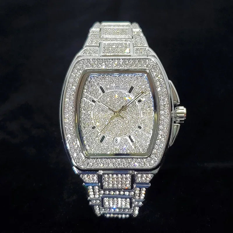 Luxury Silver Tonneau Watch for Men | Bling Bling Hip Hop Iced Out Watch | 2026 Fashion Quartz Wristwatch | Relogio Masculino Hot Sale | Caratix - CaratixJewelry