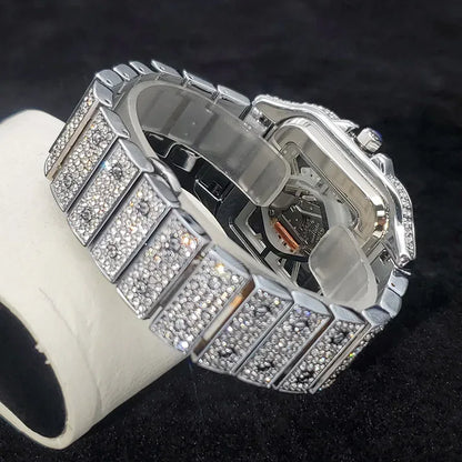 Luxury Men's Square Skeleton Watch | Iced Out Watch Stainless Steel Bracelet | Business Casual Quartz Wristwatch | Man Fashion Clock | Caratix - CaratixJewelry