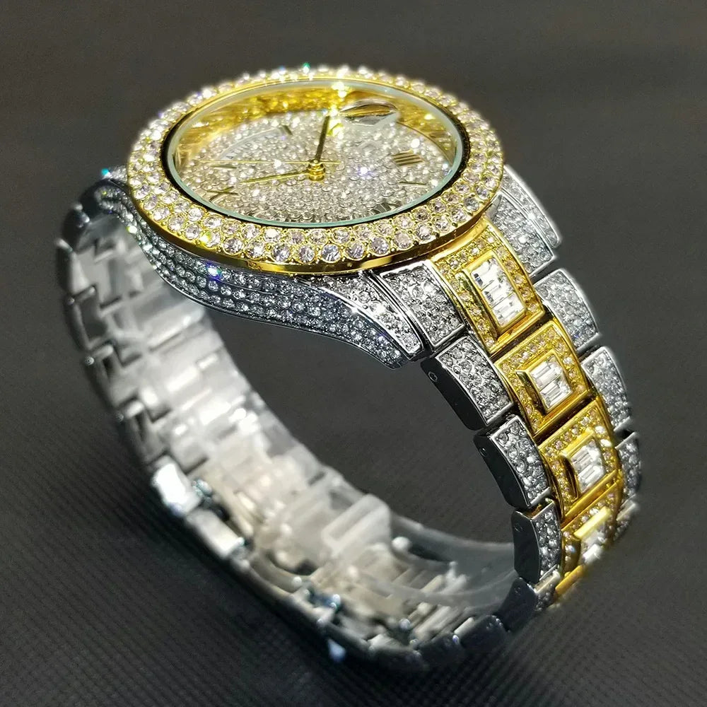 Luxury Day Date Iced Out Watch for Men | Hip Hop Rap Singer Wristwatch | West Coast Street Style Bling Jewelry Clock | Quartz Watch | Caratix - CaratixJewelry